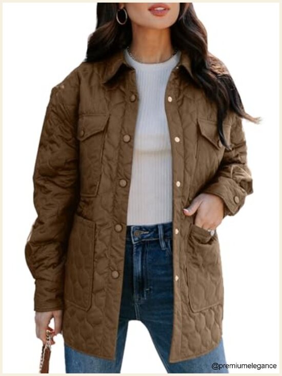 Jackets & Blazers - Womens Diamond Quilted Lightweight Puffer Jacket Long Sleeve Button Down Winter